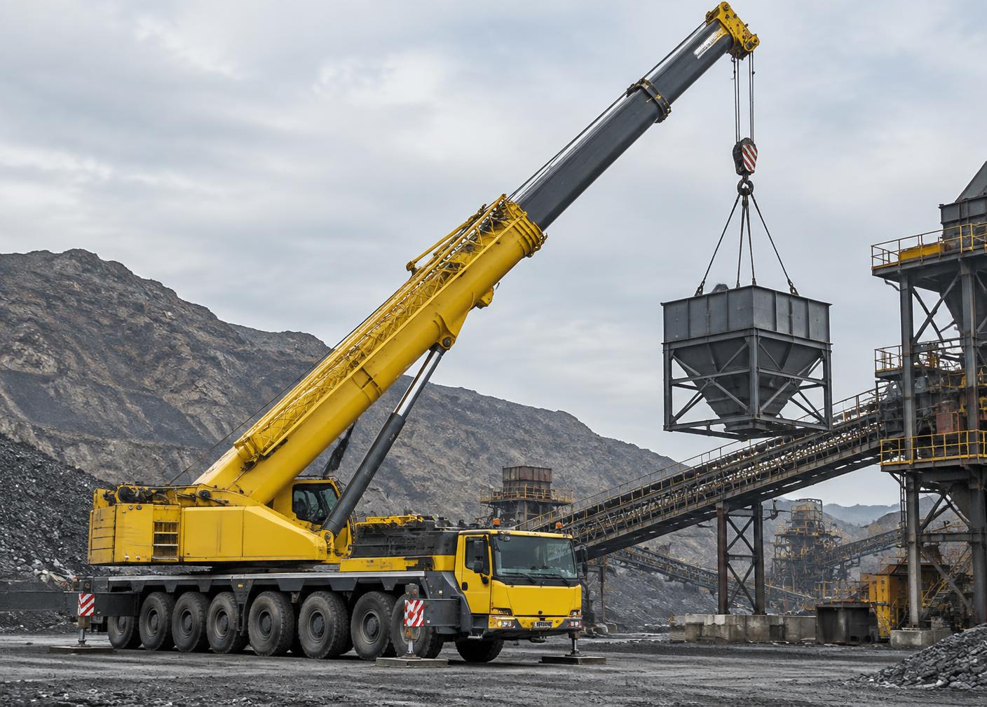 All-terrain crane operating at an industrial mining site