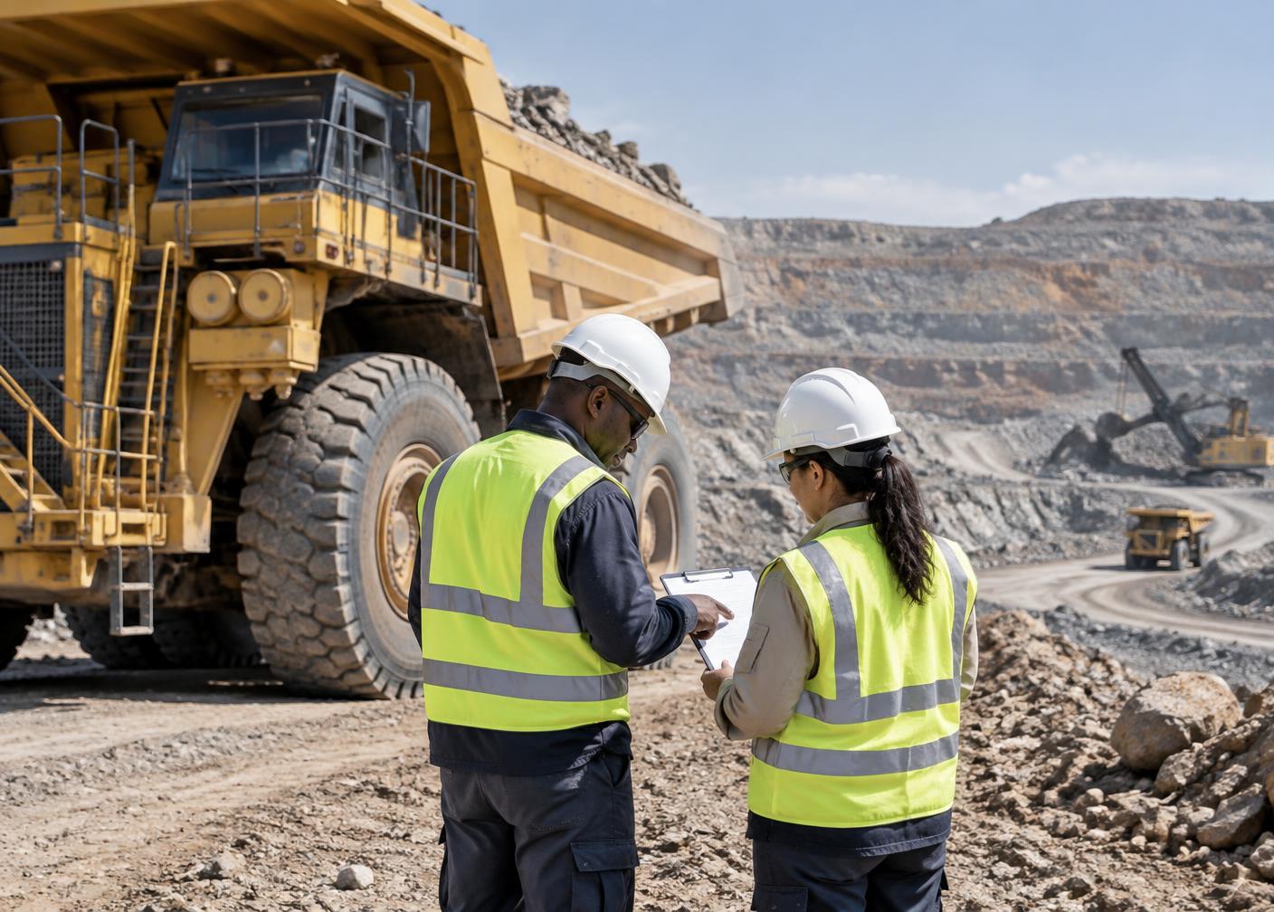 Safety specialists reviewing equipment beside a mine haul truck